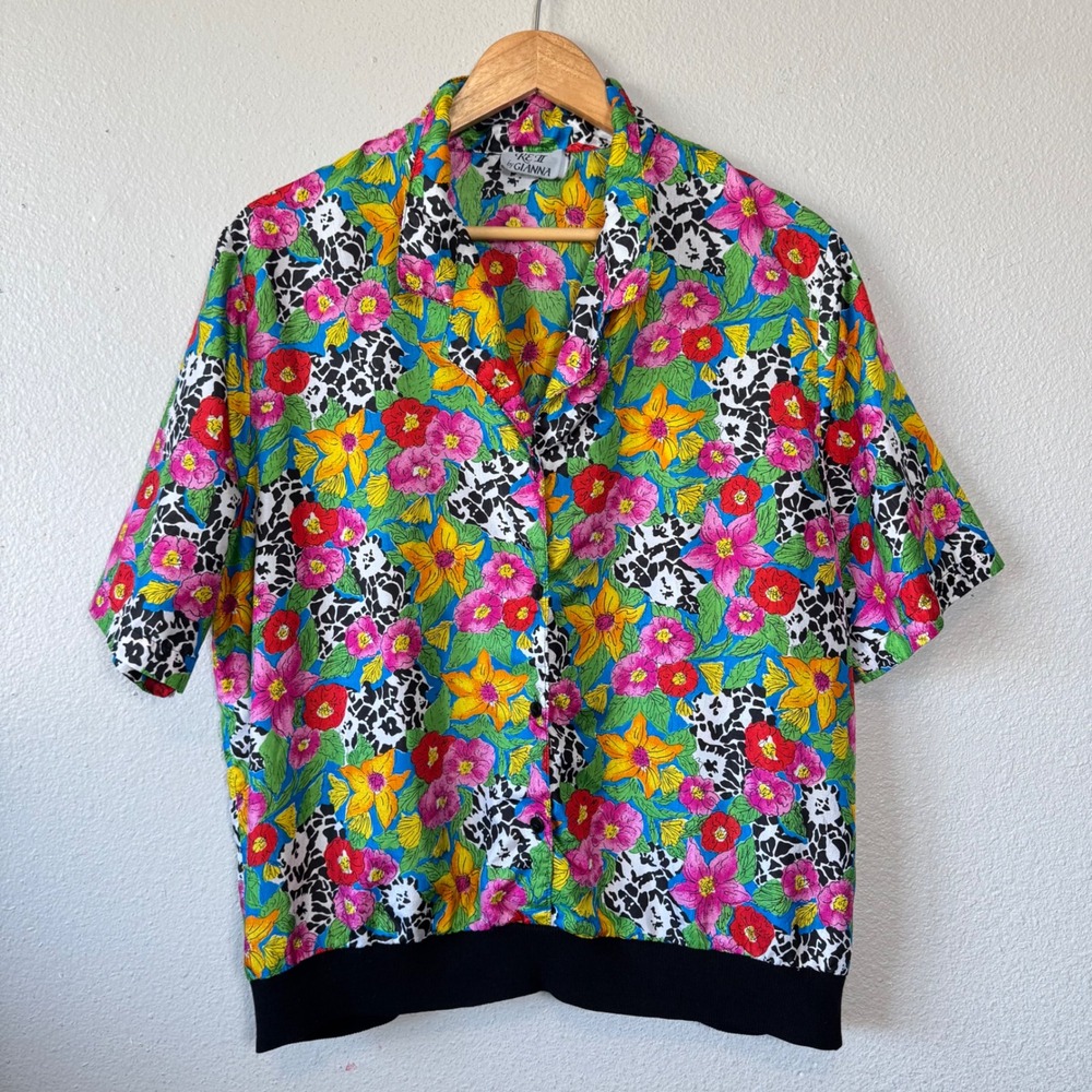 Vintage KEII Gianna Floral Print Button Up Blouse Short Sleeve Made in USA